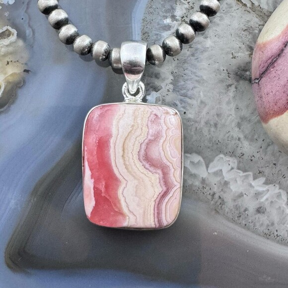 Sterling Silver Southwestern Style Rectangle Rhodochrosite Pendant For Women - Picture 1 of 10